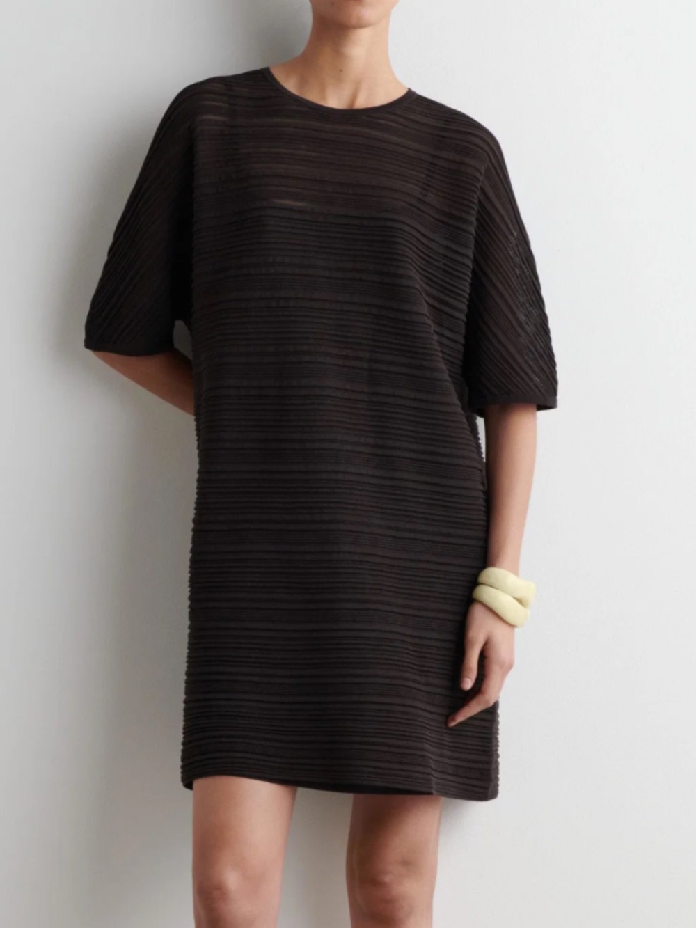 COS Brown Textured Sheer Mini Dress Womens L Lagenlook Lined Classic Minimalist